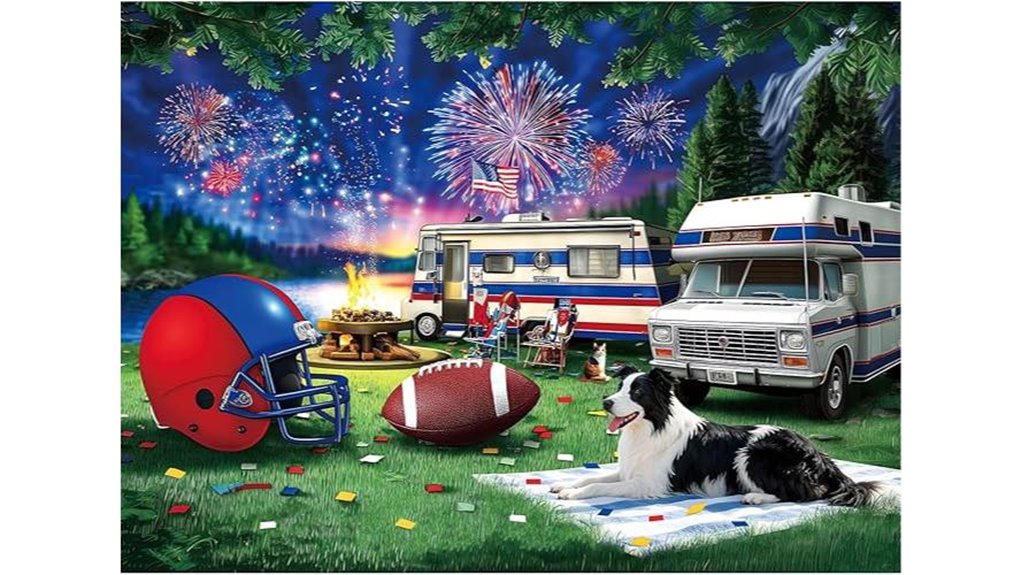american football camping fireworks dog