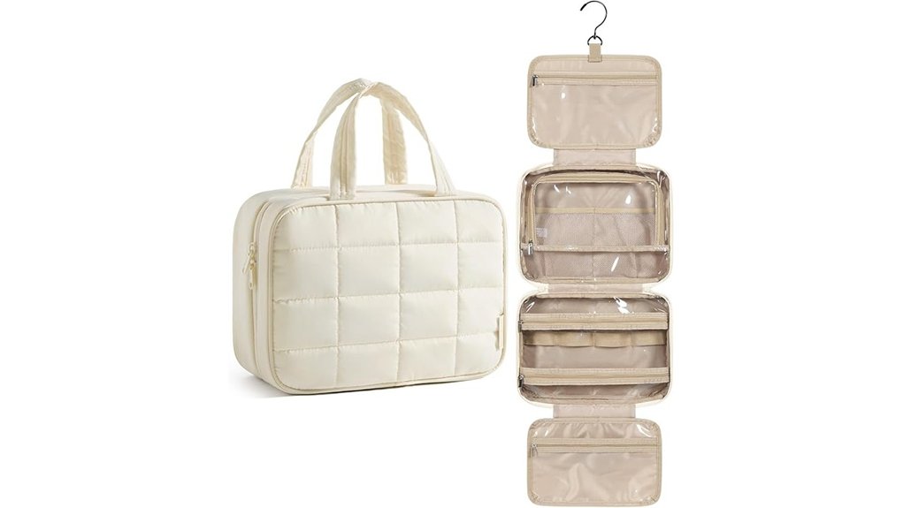 beige hanging travel toiletry bag