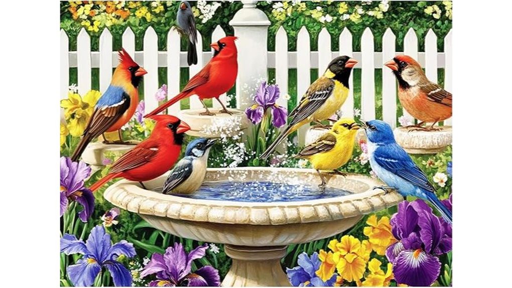 birds bathing among flowers