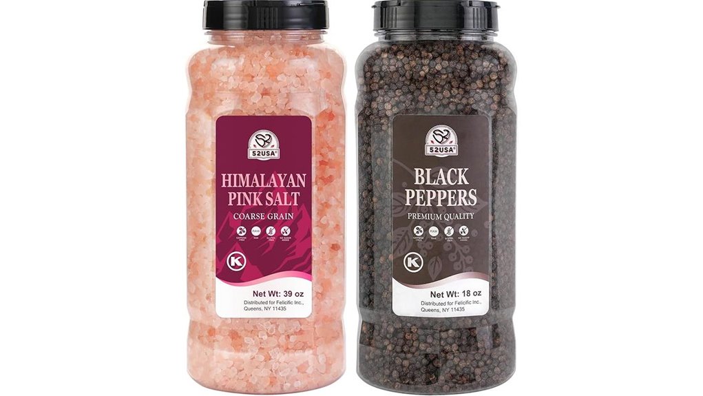 black peppercorns and pink salt