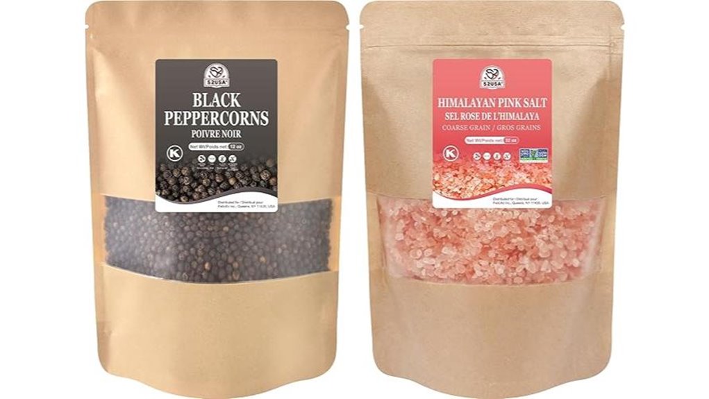 black peppercorns and salt