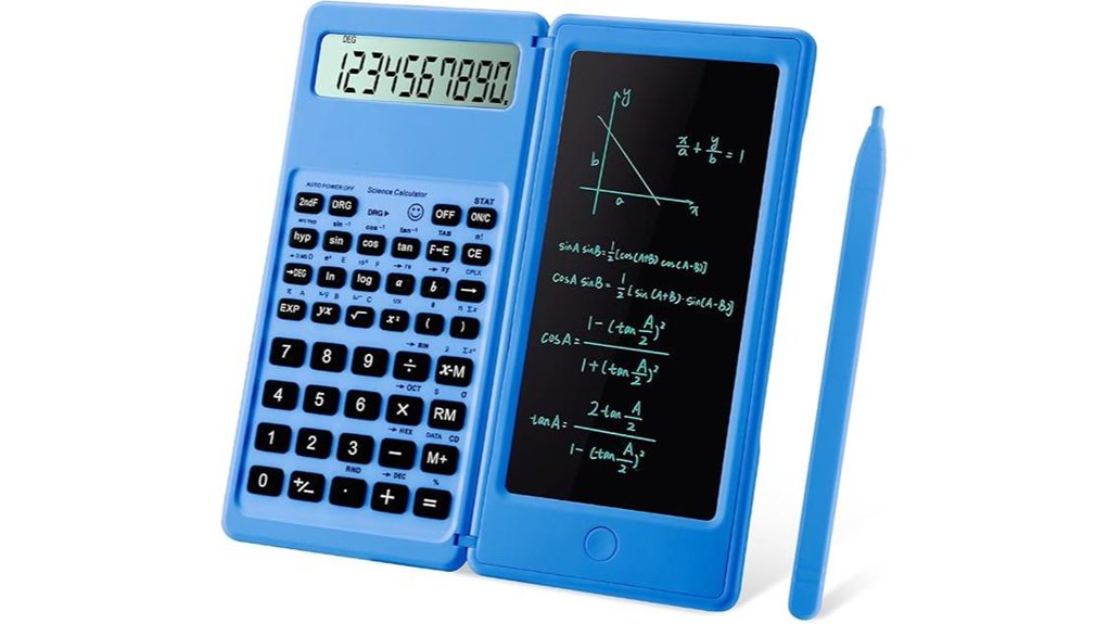 blue student calculator with notepad