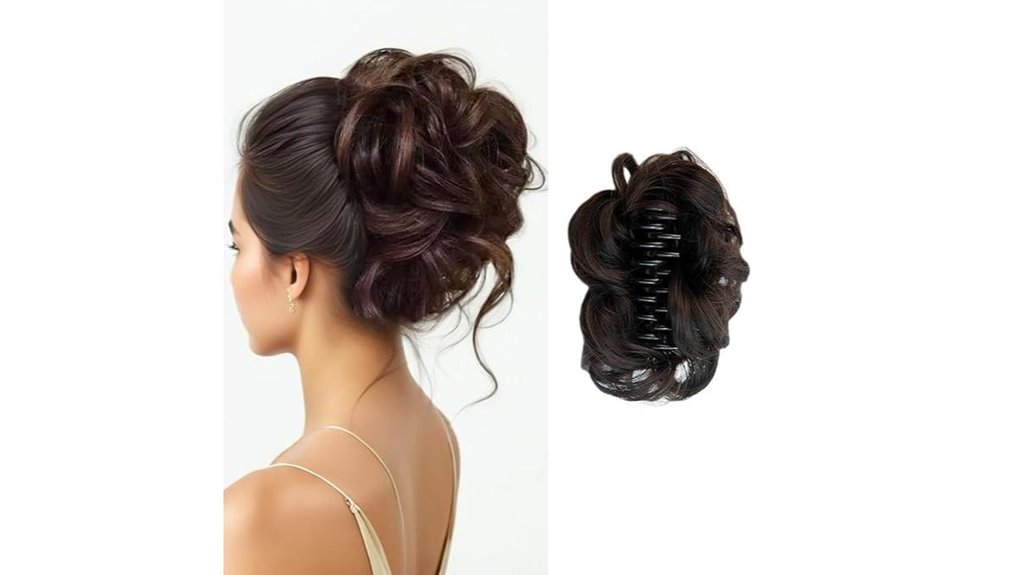 dark brown curly messy bun
