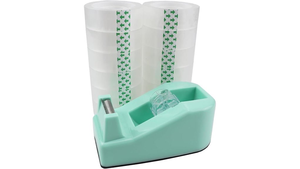 desktop green tape dispenser with 12 transparent rolls