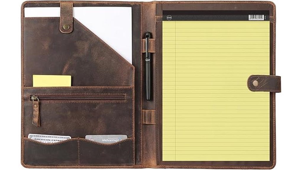 distressed tan leather portfolio with pen