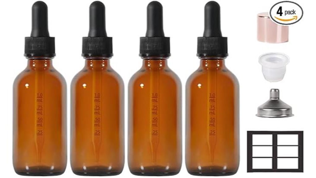 four amber dropper bottles