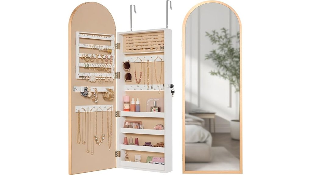 gold arch mirror jewelry cabinet