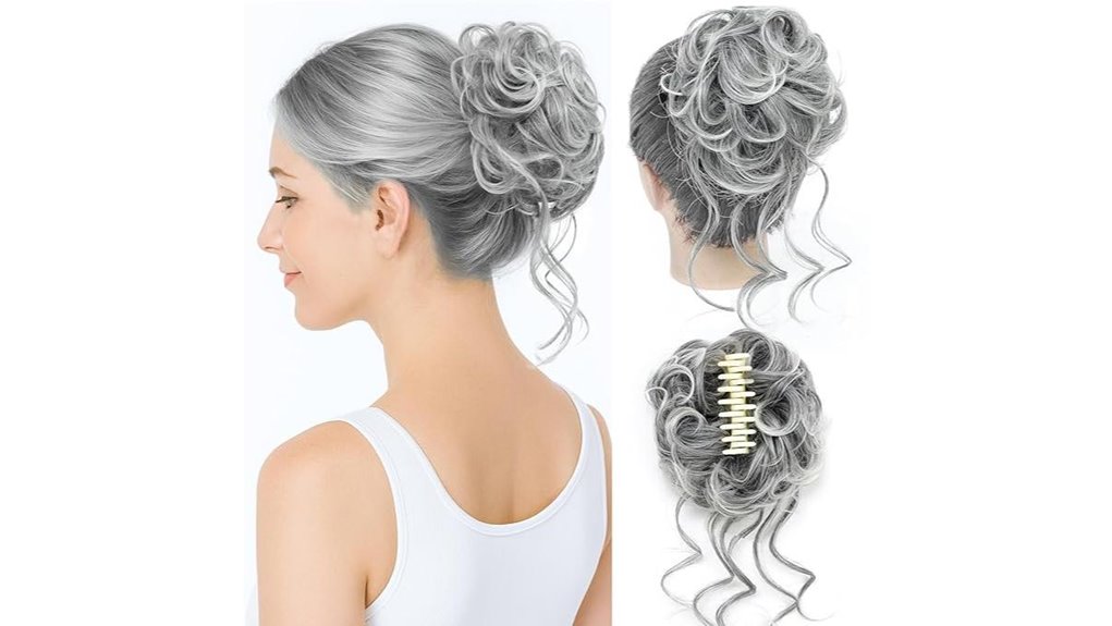 gray wavy messy bun with platinum tips