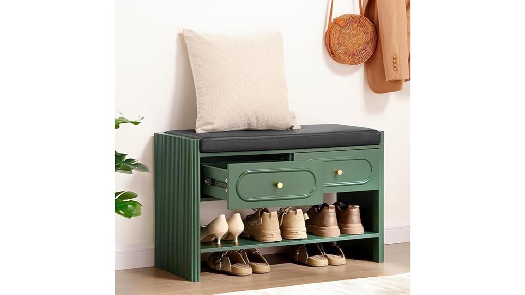 green farmhouse shoe storage bench