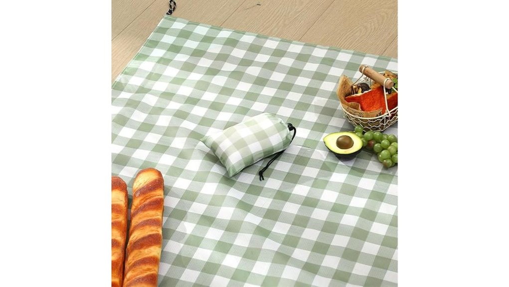 green gingham picnic blanket with storage