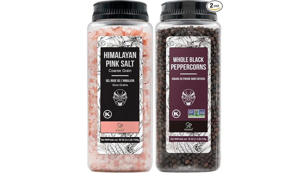 himalayan pink salt and peppercorns