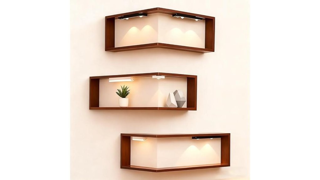 illuminated wooden floating corner shelves