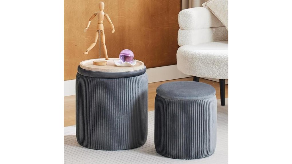 light gray round velvet ottomans