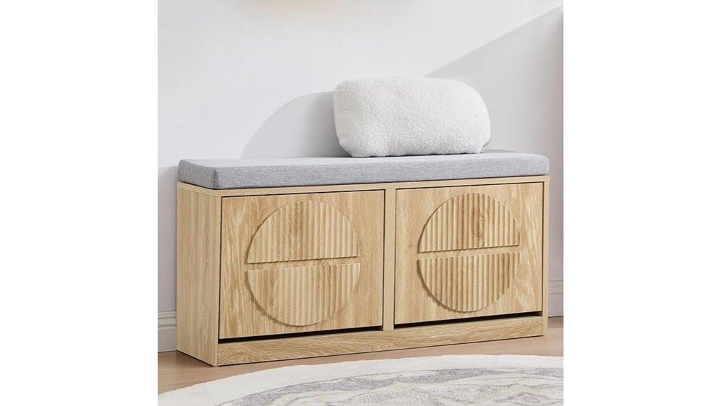 narrow natural wooden shoe bench