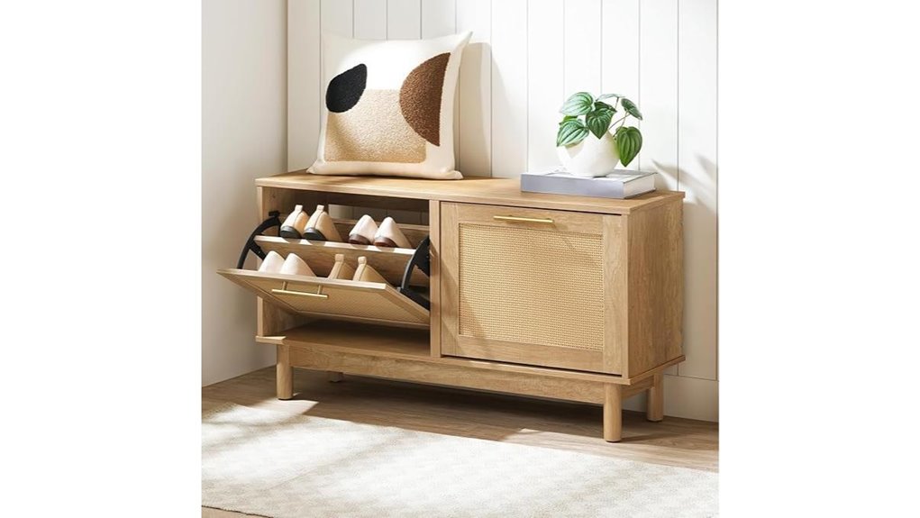rattan look shoe bench with drawers