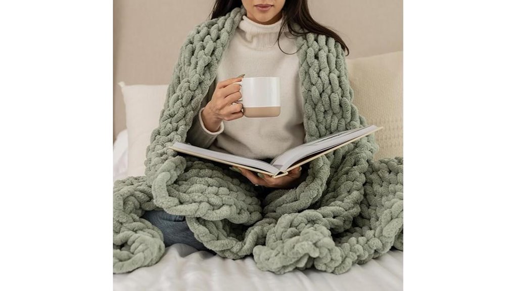 sage green chunky knit blanket