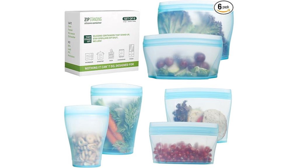 six reusable silicone zip bags