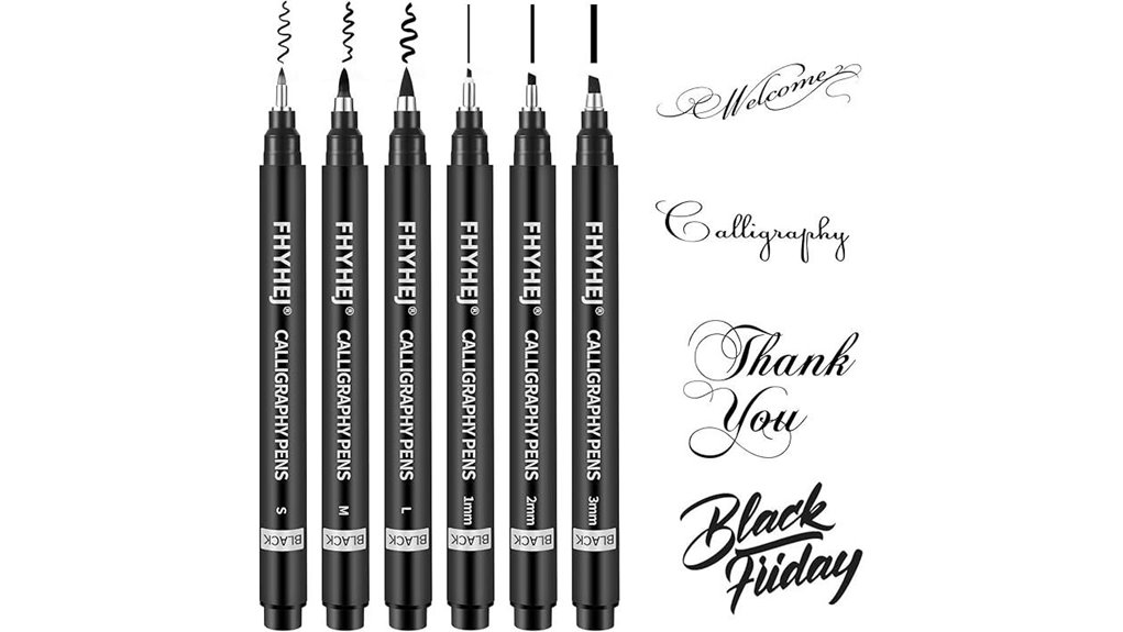 six size black calligraphy pens