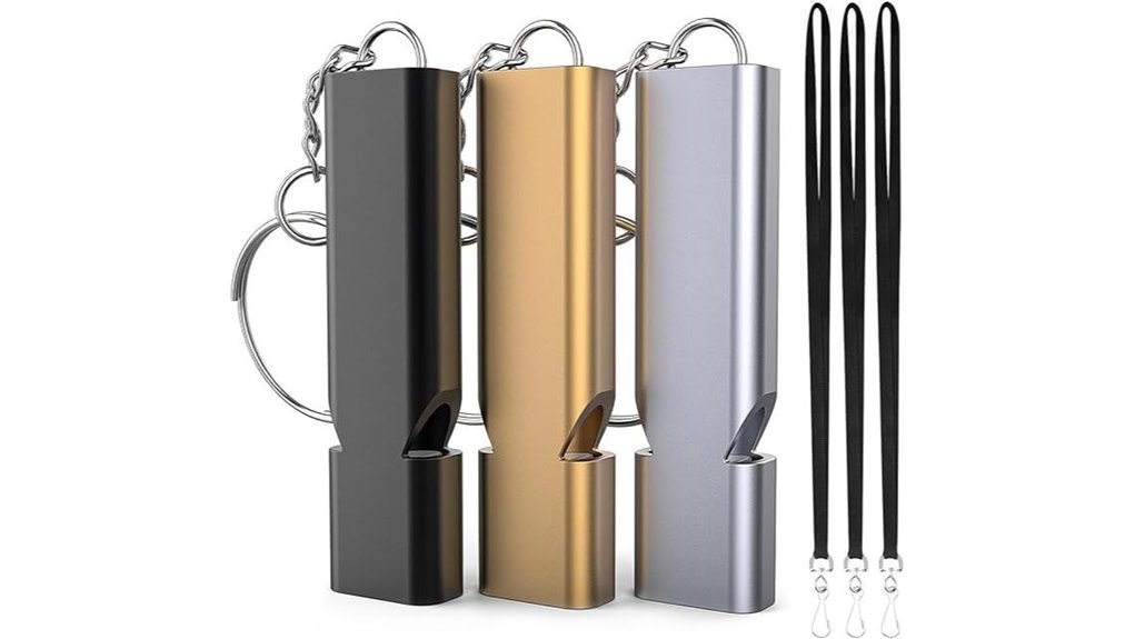 three emergency whistles with lanyards