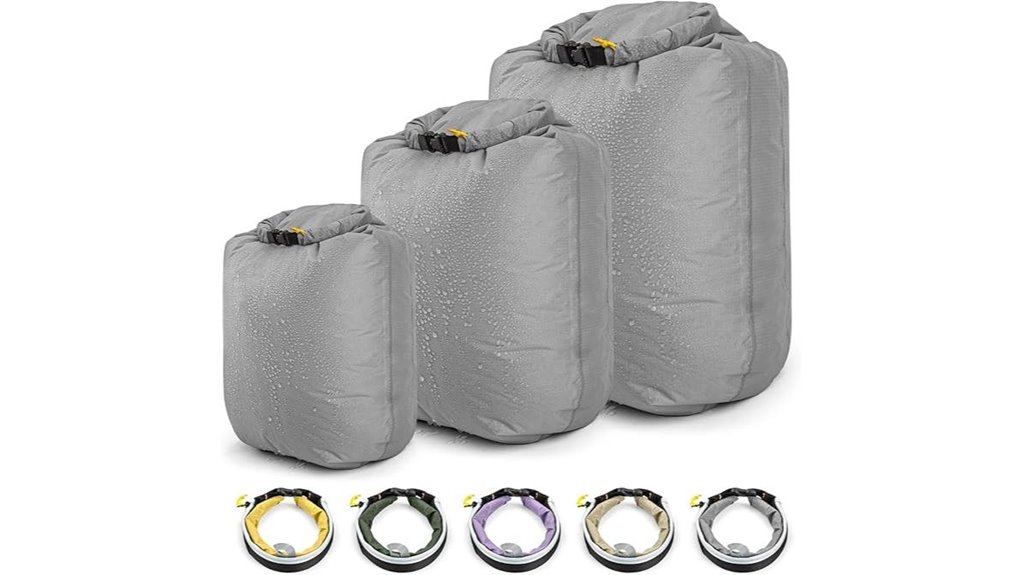 three grey waterproof drybags