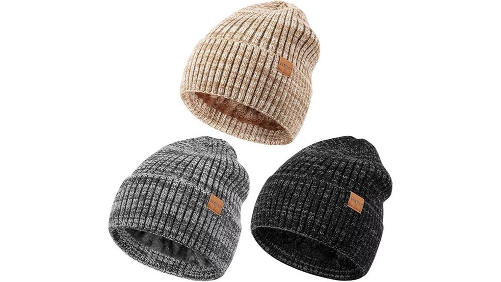 three pack fleece lined winter beanies
