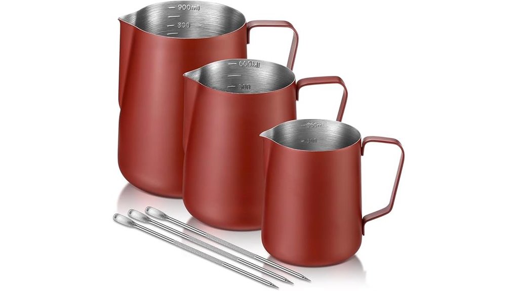 three stainless steel pitchers