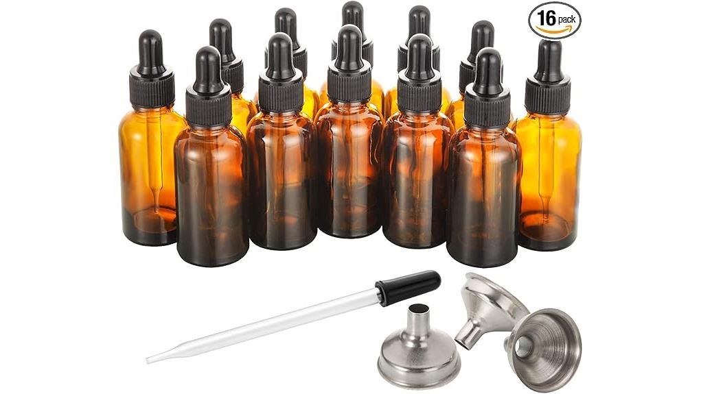 twelve 1oz amber droppers with funnels