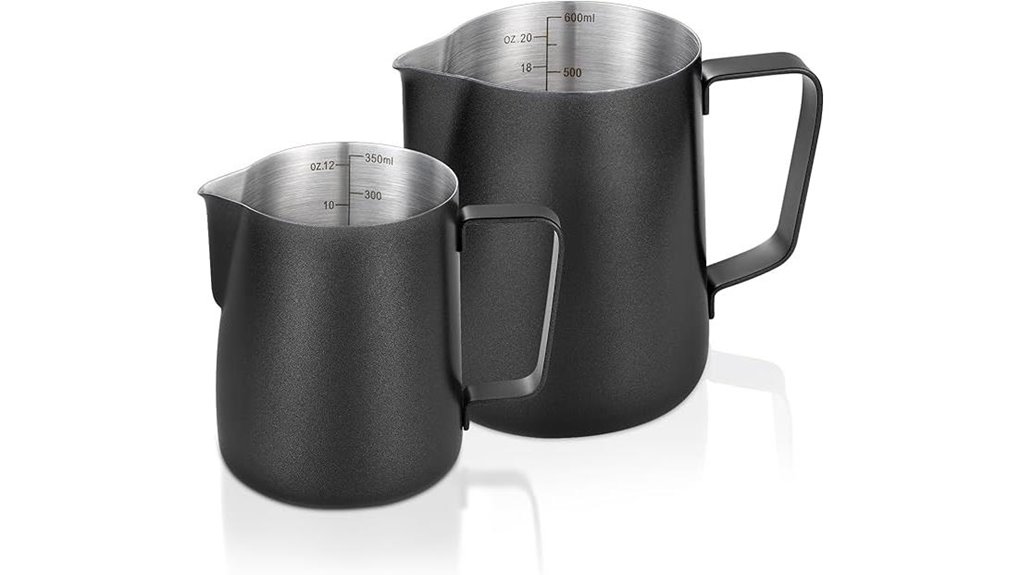 two matte black frothing pitchers