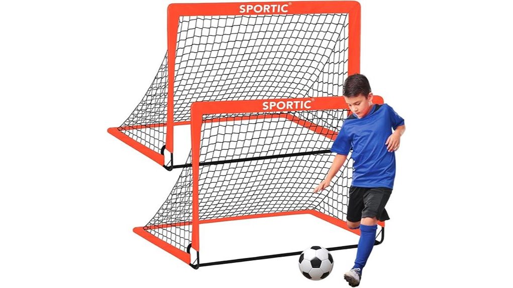 two portable pop up soccer goals