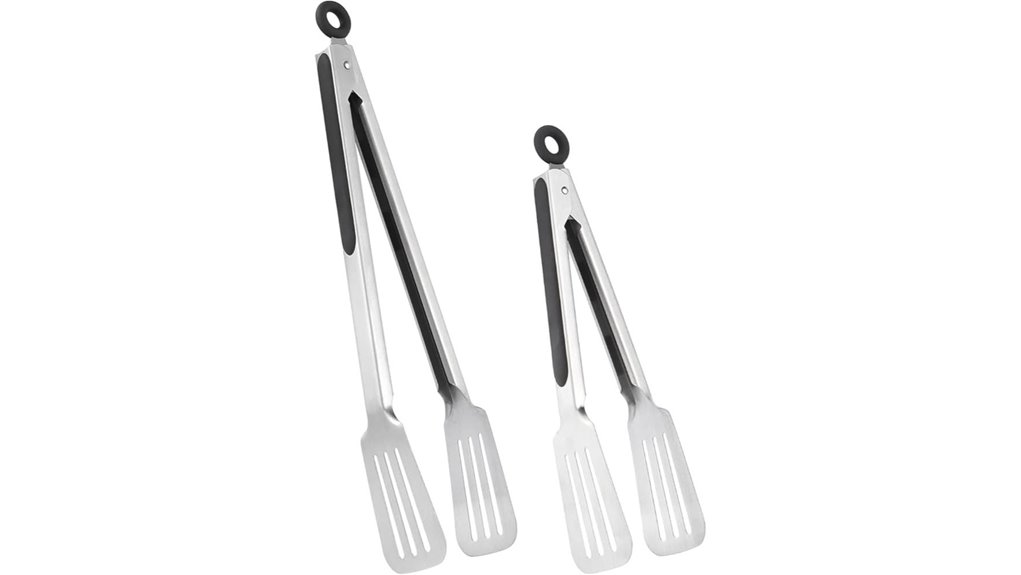 two sized stainless steel tongs